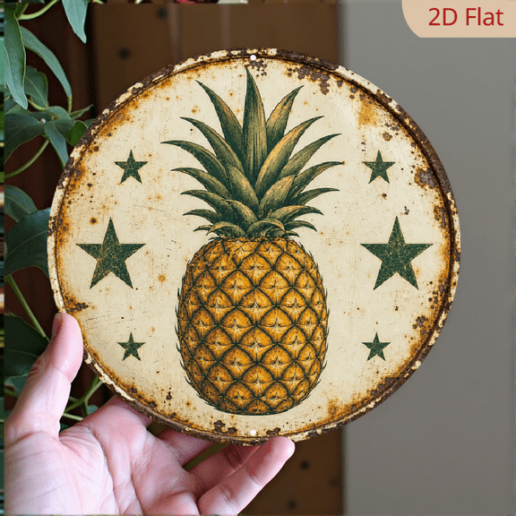 8x8 inch Rustic Metal Sign with Pineapple Decor with Green Stars Design, Wall Hanging for Tropical Patio, Kitchen Wall, Summer Nook, Ideal for Fourth of July, Labor Day, Summer Season Decorat