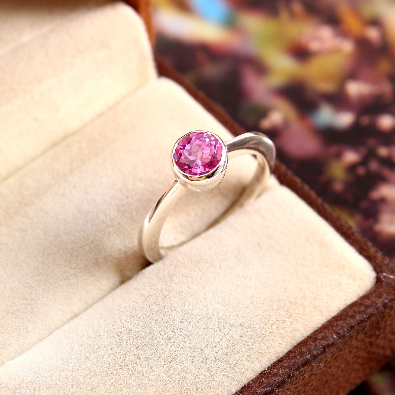 8x8 mm Pink Sapphire Minimalist Rin, Round Cut Promise Ring, Vintage ...