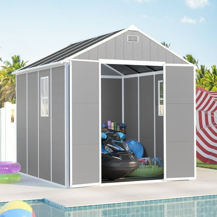 7.5x10.3FT Outdoor Shed, Extra Large Storage Shed Resin, Outside Storage for Garden Backyard, Double Doors, Double Windows, PP Splicing Floor, Heavy-duty Frame