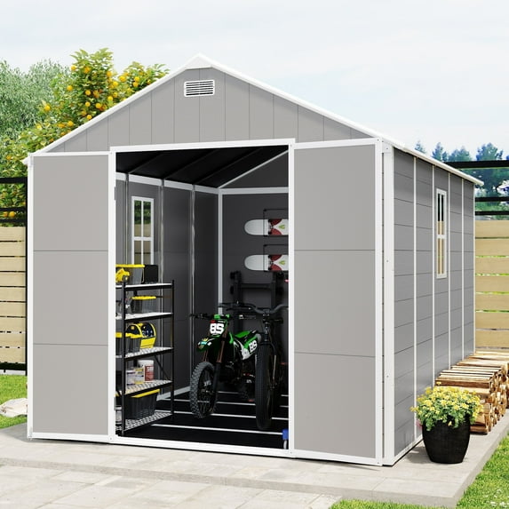 Outdoor Storage Shed w/Double Doors, 7.5x10.3FT Outside Bike Shed for Garden Tool Lawn Mover Storage,with Air Vents, Floor, Heavy-duty Frame, Gray