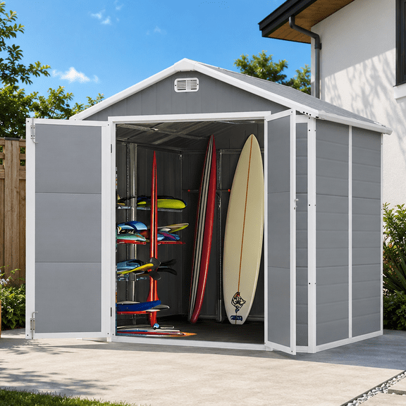 Outdoor Storage Shed, Seizeen 7.5 x 6.5 FT Resin Plastic Shed with Floor, Lockable Double Doors, Windows & Double Vents, Tool Bike Storage for Garden Backyard