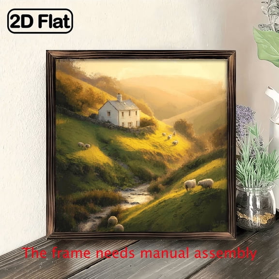 8x8in Framed Oil Painting - Serene Countryside Landscape with Sheep Cottage, Wooden Wall Art for Living Room, Bedroom, Kitchen - Perfect Gift for Teacher'S Day, Mother'S Day, Father'S Day
