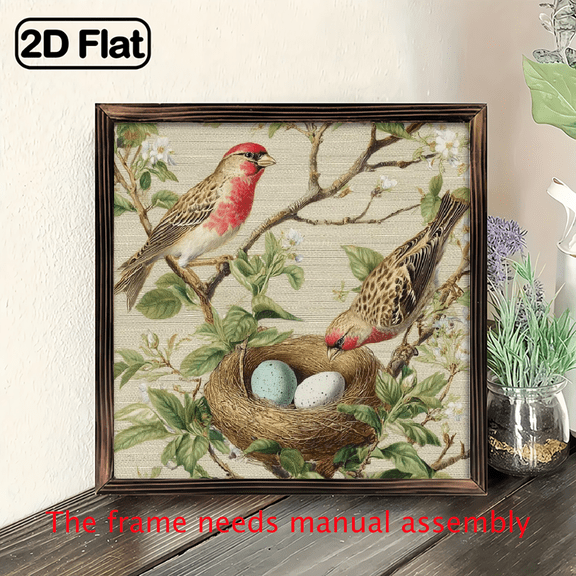 8x8inch Wooden Board Painting Birds Pictures Spring Hummingbird Wall Art Farmhouse Bird Botanical Art Prints Vintage Framed Art Painting for Bedroom Living Room Home