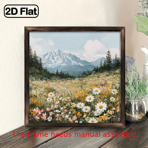 8x8inch Wooden Board Painting Colorful Floral Mountain Vintage Wildflower Nature Painting for Living Room Bedroom Office