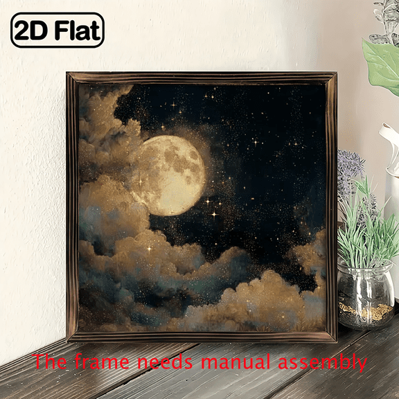 8x8inch Wooden Board Painting Vintage Moon Starry Night Sky and Clouds Scene Painting for Living Room Bedroom Home Office