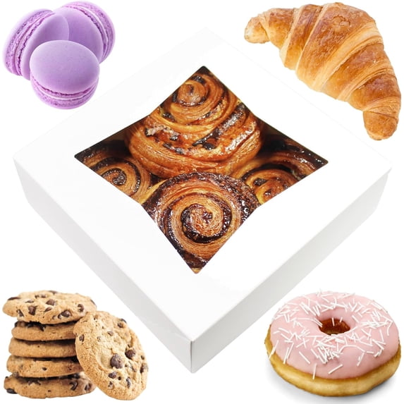 8x8x2.5 Bakery Boxes with Window | White, 25 PCS | 8x8 Cookie Boxes 8x8 Cake Box, 8 Inch Bakery Boxes for Cinnamon Rolls, Treat Boxes, Dessert Boxes, Auto Pop Up