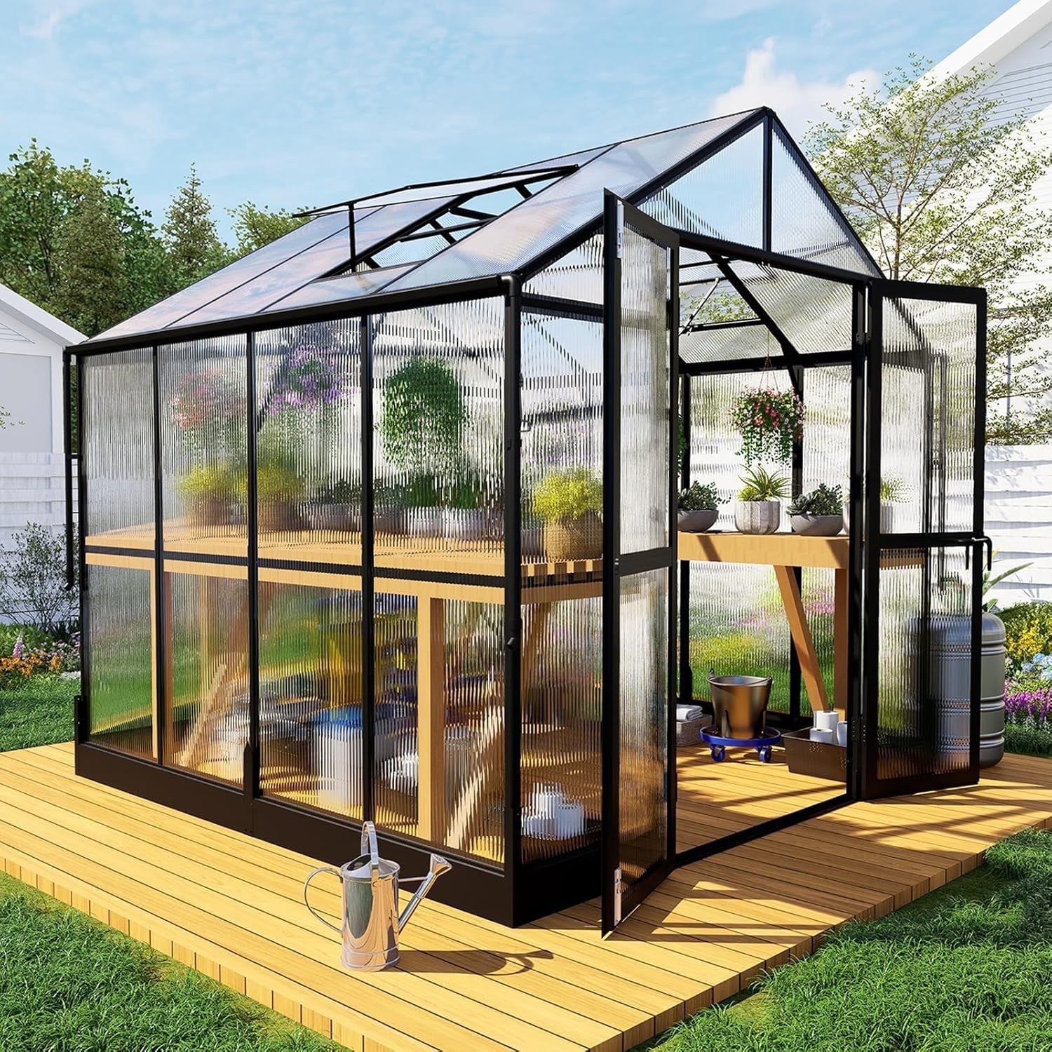 Jocisland 8x8x7.5 ft Outdoor Aluminum Polycarbonate Walk in Greenhouse with Ventilation and Rain Gutter, Double Doors with Hook for Outdoors (Black)