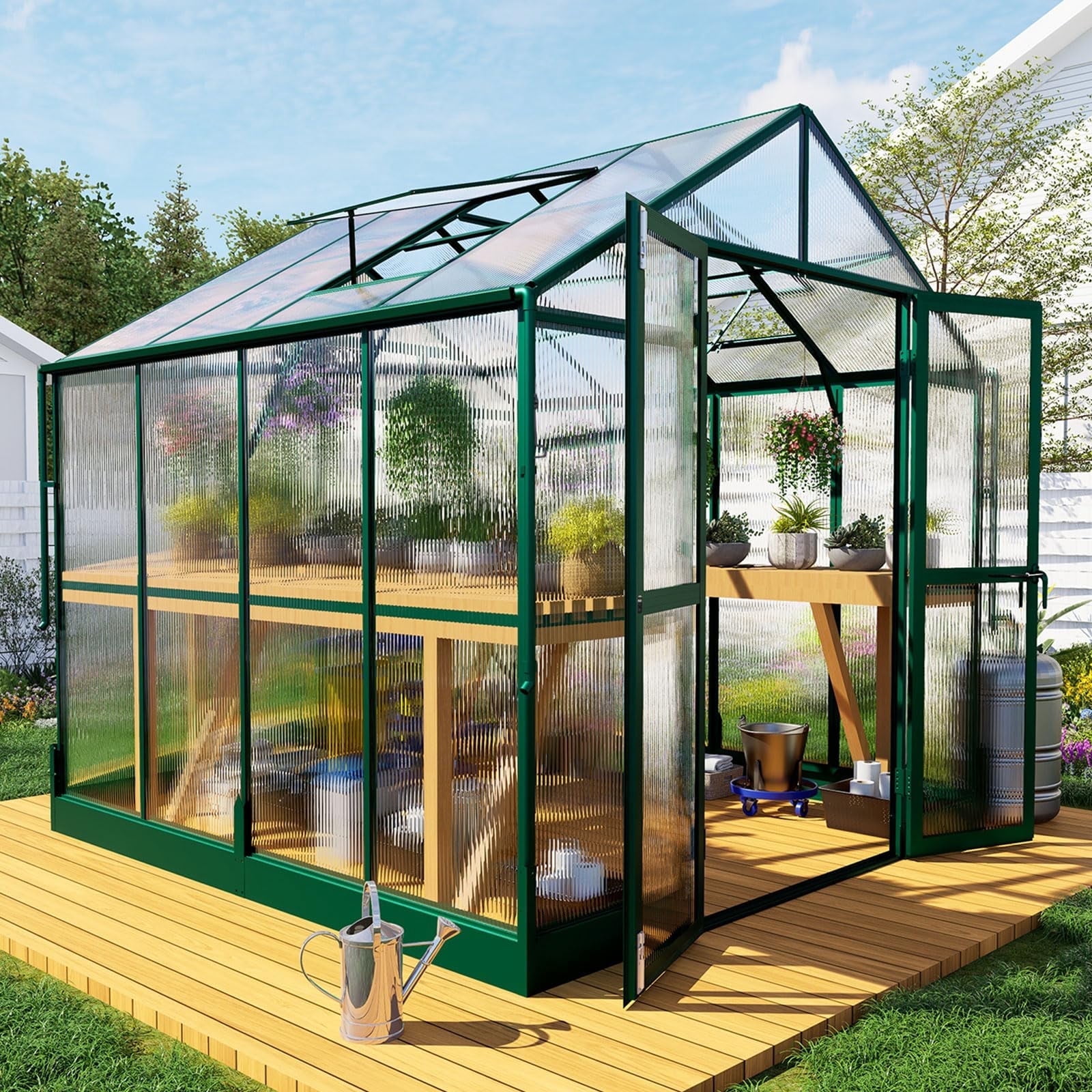 Jocisland 8x8x7.5 ft Outdoor Aluminum Polycarbonate Walk in Greenhouse with Ventilation and Rain Gutter, Double Doors with Hook, for Outdoors(Green)