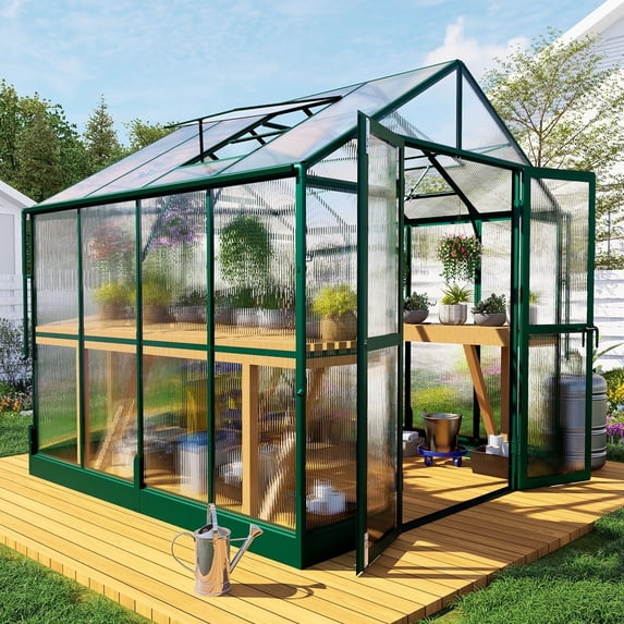 Jocisland 8x8x7.5 ft Outdoor Aluminum Polycarbonate Walk in Greenhouse with Ventilation and Rain Gutter, Double Doors with Hook, for Outdoors(Green)