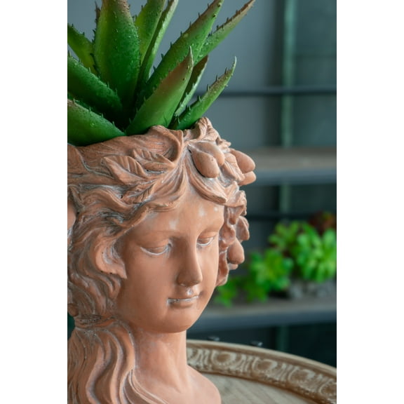 8x9x11.5" Brown Head Bust Planter, Greek Style Cement Head Planter - Indoor Outdoor Home Garden Decor