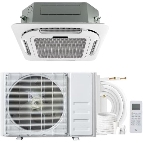 9,000 BTU Ceiling Cassette Mini Split AC & Heat Pump, 23 SEER2 Ductless Inverter Air Conditioner, 360° 8-Way Airflow, 230V, WiFi & Remote Control, 25FT Complete Installation Kit