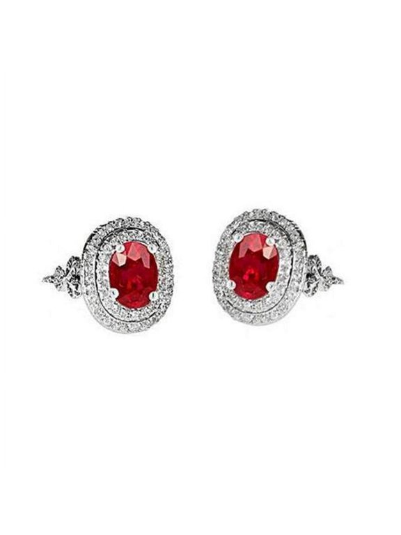 9.04 CT Ruby & Diamonds Gemstone Earrings, 14K White Gold