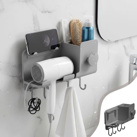 9.05x6.3x3.93 Inch No-Drill Hair Dryer Wall Mount with Hooks Multifunctional Bathroom Organizer Space Saving Storage Rack (Gray)