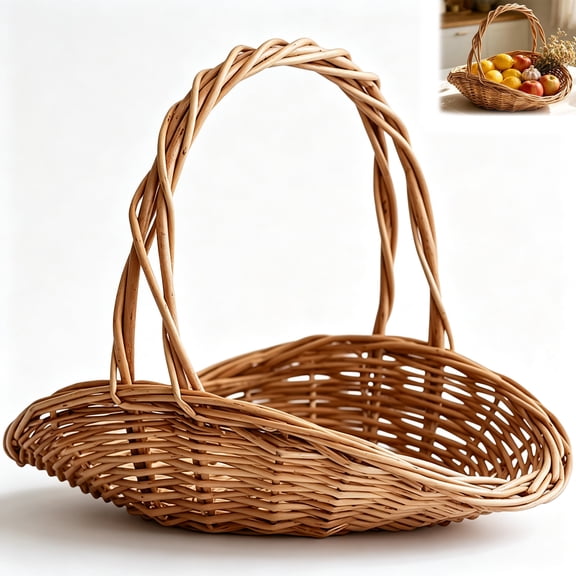 9.06"/ 11" Garden Harvest Basket - Sturdy Dense Woven Rattan with Solid Handle, Durable for Picnic, Flowers, Storage