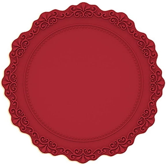 9.06 Inch Luxurious Silicone Placemat with Lace Flower Design, Round Silicone Table Mat, Food Grade Silicone Pad, Heat Resistant Insulation Pad, Washable Dinning Table Pad, (Vintage Red)