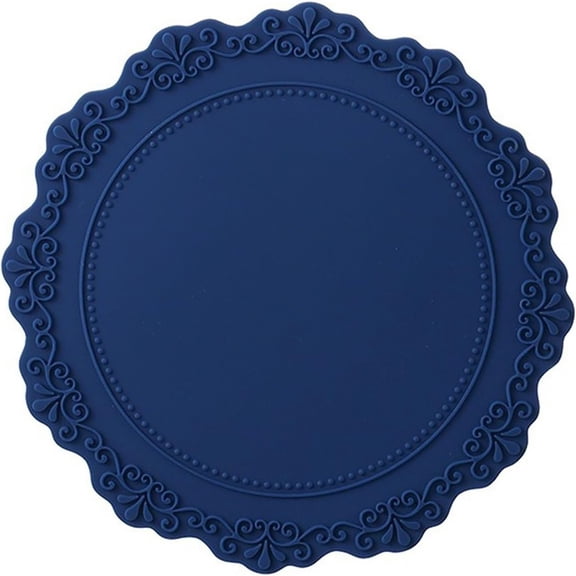 9.06 Inch Luxurious Silicone Placemat with Lace Flower Design, Round Silicone Table Mat, Food Grade Silicone Pad, Heat Resistant Insulation Pad, Washable Dinning Table Pad, (Vintage Blue)