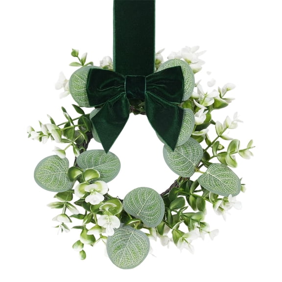 9.06 inch Artificial Eucalyptus Wreath with Bow Door Wreath,Hanging Ornament Xmas Decor,Small Leaf Wreaths for Front Door Window Porch Farmhouse Decor Christmas Home Decor