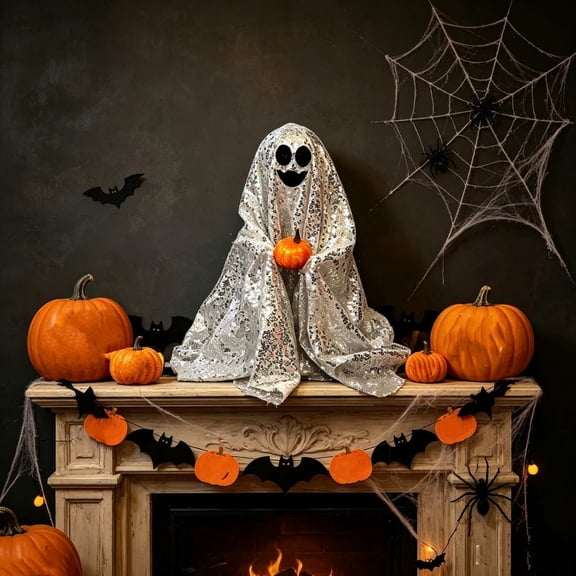 9.06in Sequined Ghost Figurine, Shiny Sequin Surface and Stable Base, Waterproof and Foldable, Reusable Decor for Yard, Shop Window and Halloween Party