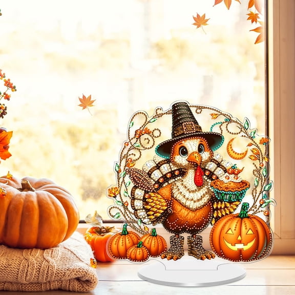 9.06in Thanksgiving Acrylic Diamond Painting Stand Decor, Pilgrim Turkey Pumpkin Fall DIY Rhinestone Craft Kit, Autumn Tabletop Seasonal Display Ornament