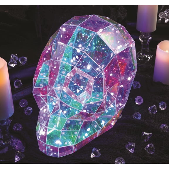 Fun Express 9 1/2" Halloween Multicolor Prismatic Skull Light-Up LED Light Tabletop Decorations