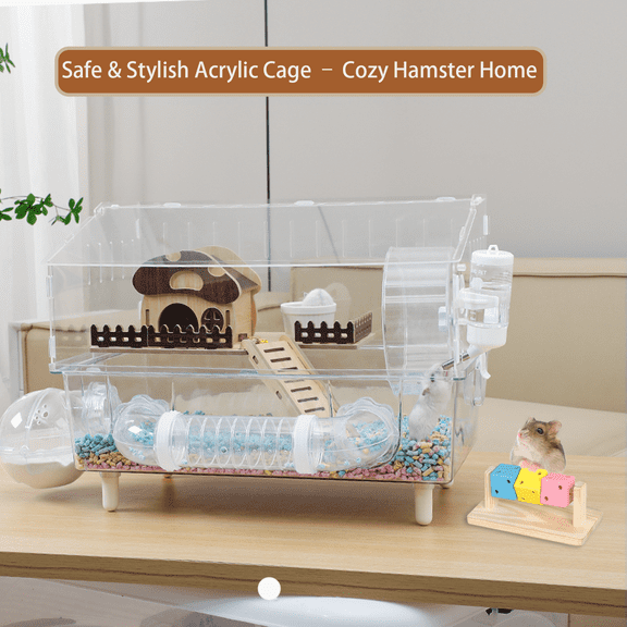 9 in 1 Acrylic Hamster Cage with all accessories and an activity tube,2-layer Hamster House,transparent viewing,top open Mouse Cage for pet mice,Hamster Habitat for Dwarf Hamster,Gerbils;18"x11"x13.4
