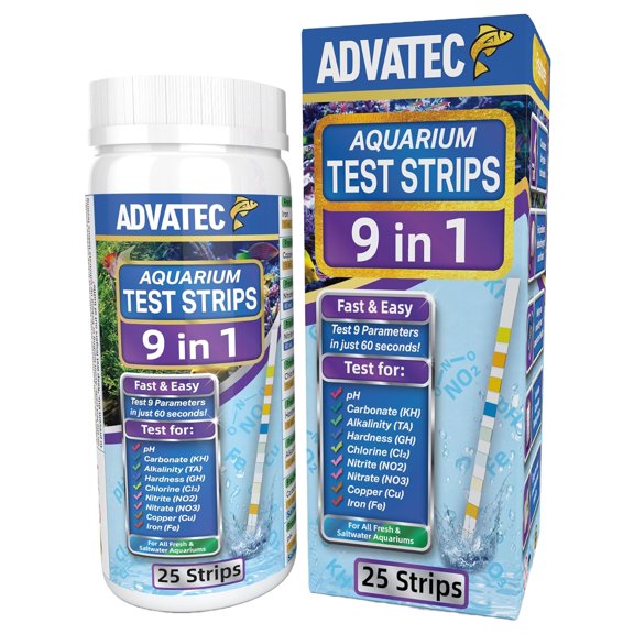 9 in 1 Aquarium Test Strips for Salt & Freshwater, Fish Tank Tester Kit for Iron, Copper, Carbonate, pH, Nitrate, Nitrite, Chlorine, Total Hardness & Alkalinity - 25 Count