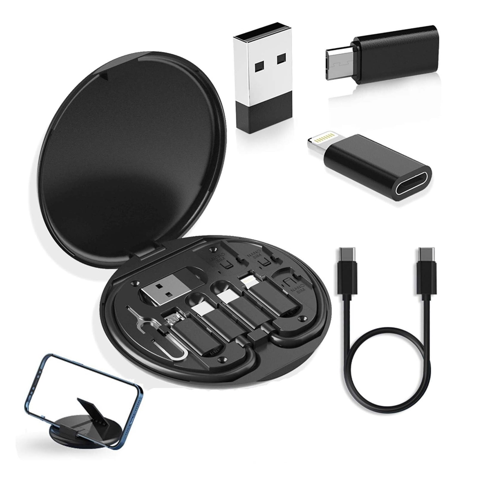 9 in 1 Cable Case, 9 in 1 Cable Charger Case, Charger Adapter Kit, 60w Fast Charge USB Type-C Micro Cable, USB Adapter Cable Conversion Storage Box, Use as Phone Holder