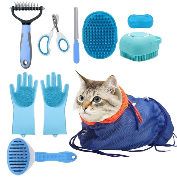 9 in 1 Cat Bath Grooming Kit, Breathable Anti-Scratch Mesh Shower Bag, Nail Clipper File, Grooming Gloves, Dematting Slicker Massage Brush, Toothbrush & Bath Scrubber for Cat Bathing Pet Care