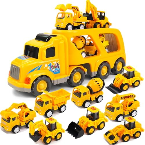 9 in 1 Construction Truck Toys for Ages 2-4 Years Old,Vehicles with Sounds and Lights in Carrier Truck,Push and Go Toys Trucks,Birthday Gift for Toddler 2 3 4 5 6 Year Old.