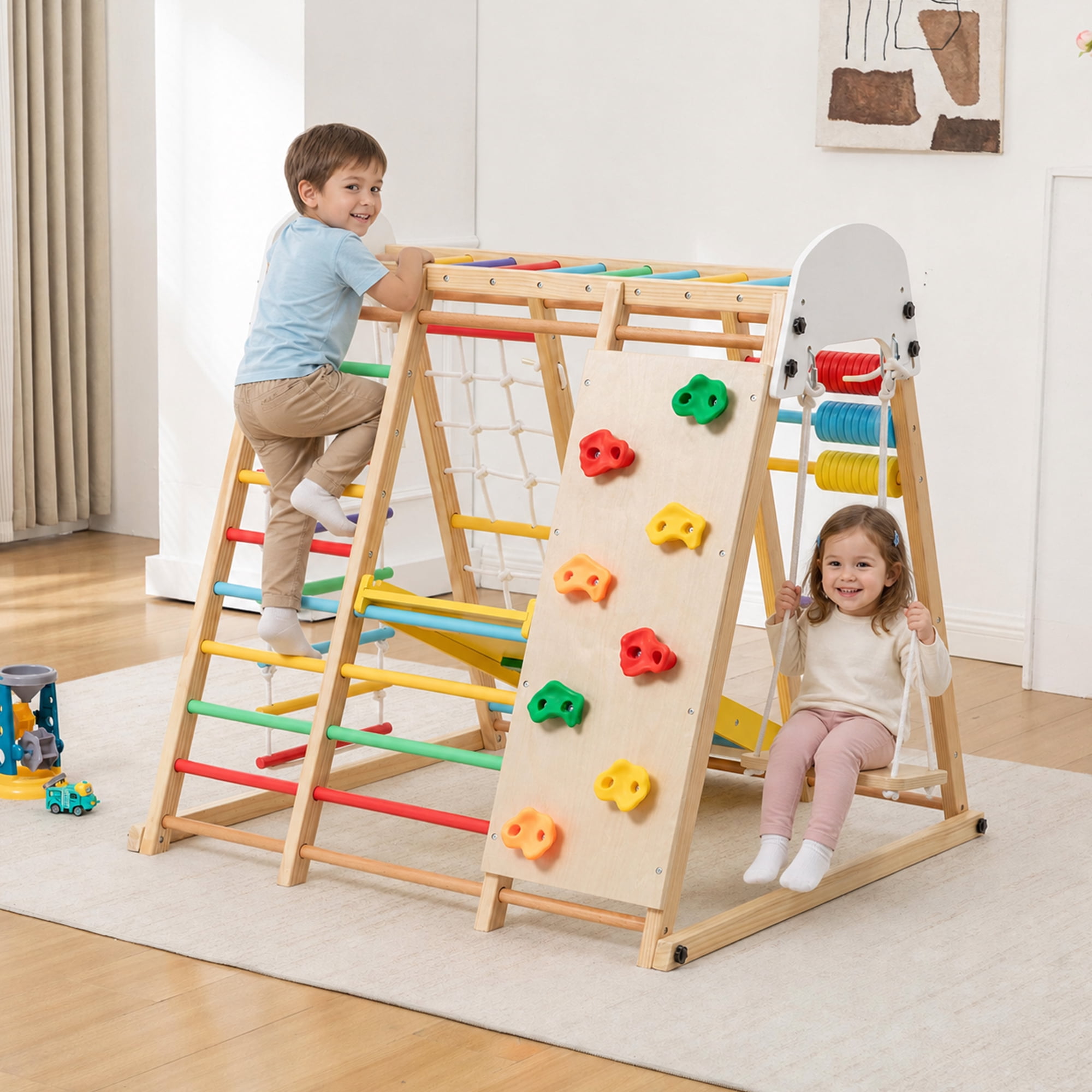 9 in 1 Foldable Kids Climbing Frame & Slide, Wooden Toddler Playground with Swing, Monkey Bars, Climbing Rock, Abacus Game, Indoor Outdoor Playset for Ages 3+, Natural Wood, 176LBS Capacity
