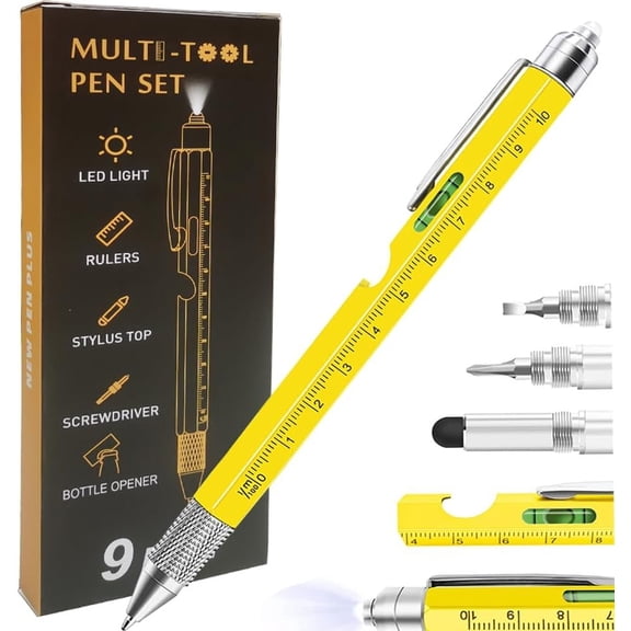 9 in 1 Multitool Pen, Stocking Stuffers Gifts Christmas Birthday Multi Tool Pen for Men Dad Husband Who Have Everything, Cool Gadgets Pocket Multi Tool (Yellow)