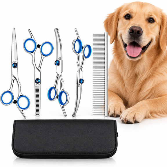 9 in 1 Pet Grooming Scissors Kit, Professional Hair Trimming Shears for Cats & Dogs, Includes Thinning Shears Curved Scissors Nail Clippers Comb Case, Home Pet Grooming Scissors, Blue
