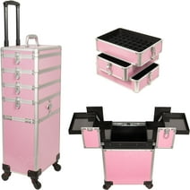 9 in 1 Professional Aluminum Interchangeable Rolling Makeup Train Case Large Capacity Trolley Travel Storage Cosmetic Jewelry Organizer Portable Removable Trays, Pink Stripe