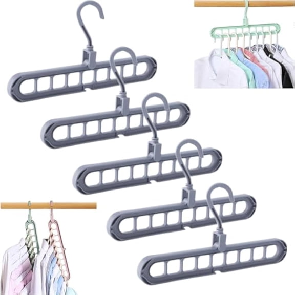9 in 1 Smart Hanger Pro, 9 Holes Rotate Anti-Skid Folding Hanger, Multi Hangers Space Saving Heavy Duty, Nine-Hole Plastic Hangers, Cascading Features for Home or Travel (5pcs-Grey)