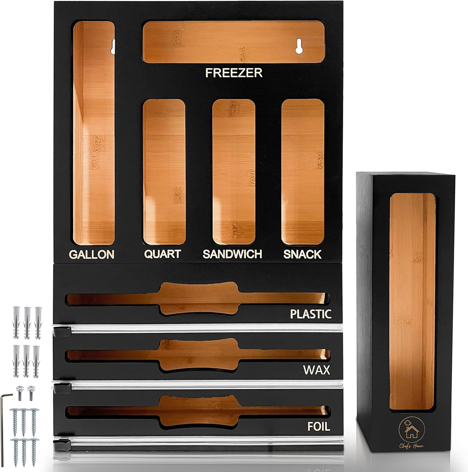 9 IN 1 Storage Bag Organizer, Foil and Plastic Wrap Organizer with Cutters, Bamboo Kitchen Baggie Organizer for Drawer, Pantry & Countertop, Storage for Gallon, Quart, Sandwich, Snack Bag