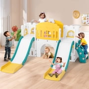 9 IN 1 Toddler Double Slides Kids Playset with Climber, Basketball Hoop, Telescope, Tunnel, Storage Space and Non-Slip Steps, Indoor Outdoor Backyard Playground Yellow&White&Green
