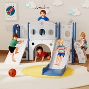 9 in 1 Toddler Slide Playset, Indoor Outdoor Kids Playground for Ages 1-3, Climber Slide with Basketball Hoop, Telescope, Storage Space & Anti Slip Steps