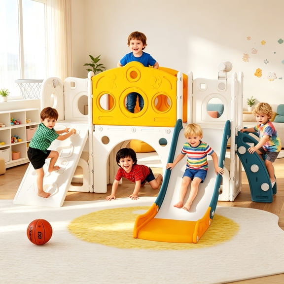 9 in 1 Toddler Slide Playset, Indoor Outdoor Kids Playground for Ages 1-3, Climber Slide with Basketball Hoop, Telescope, Storage Space & Anti Slip Steps