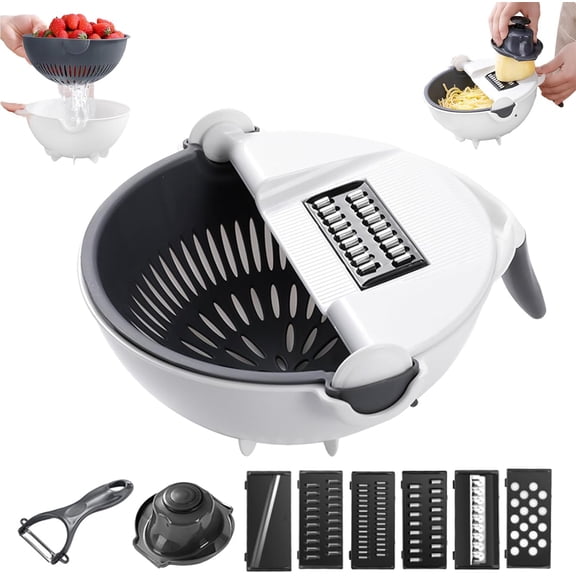 9 In 1 Vegetable Cutter with Drain Basket, 9 In 1 Multifunctional Vegetable Slicer, Portable Chopper Grater for kitchen, 6 Different Blades for slicing, Shredding and Cutting (1, White and Gray)