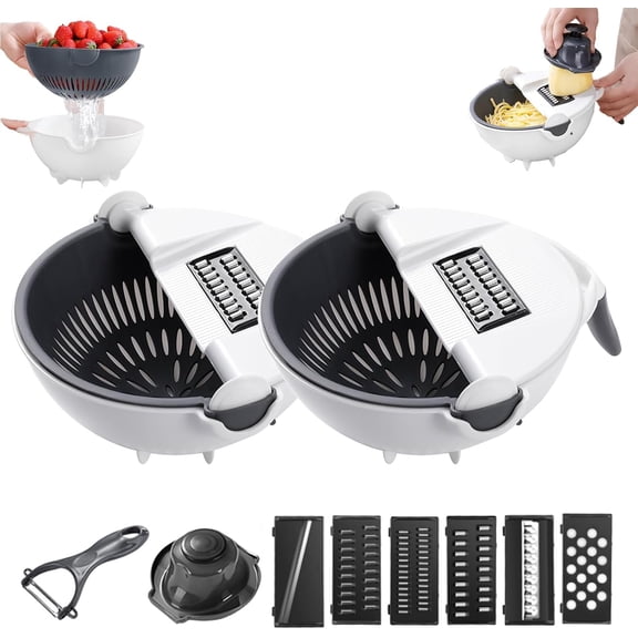 9 In 1 Vegetable Cutter with Drain Basket, 9 In 1 Multifunctional Vegetable Slicer, Portable Chopper Grater for kitchen, 6 Different Blades for slicing, Shredding and Cutting (2, White and Gray)