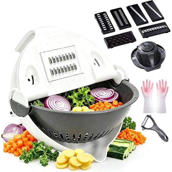 9 in 1 Vegetables Cutter, Durable 9 in 1 Multifunctional Vegetable Slicer and Chopper with Container, Portable Vegetable Grater with Drain Basket for Vegetables Fruits,Easy to Clean (1Pcs)