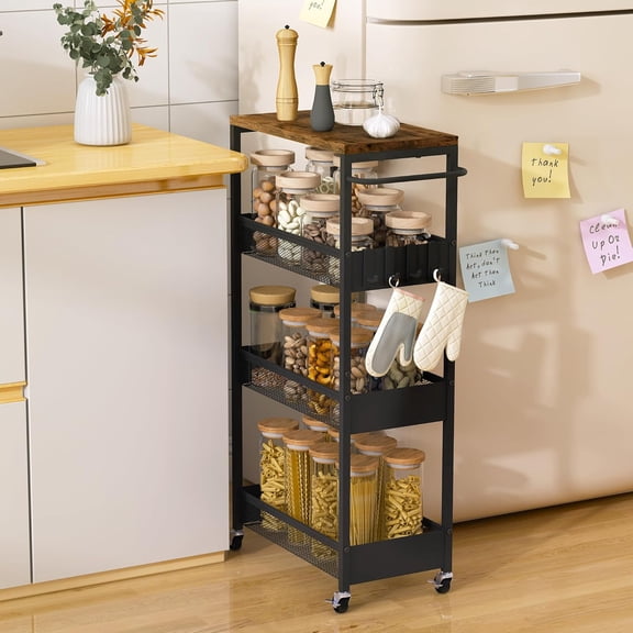 9.1" Wide Slim Rolling Utility Cart, 4 Tier Metal Narrow Storage Cart with Handle and Wood Top, Multifunctional Small Mobile Shelf Unit Organizer Trolley for Laundry, Bathroom, Kitchen