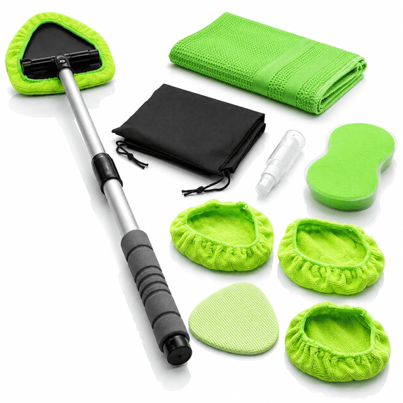 9 in 1 Window Cleaning Kit Car Interior Exterior Detailing Tool with Windshield Cleaner Extendable Handle 4 Microfiber Pads for Auto Truck SUV RV Home