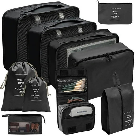 9/10/11 Pcs Set Travel Organizer Storage Bags Suitcase Packing Cubes Set Cases Portable Luggage Clothes Shoe Tidy Pouch Folding (10pcs Black)