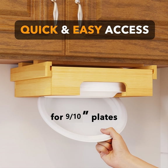 9/10-Inch Bamboo Paper Plate Dispenser - Under Cabinet & Countertop Holder for Kitchen Caddys for Plates Universal A