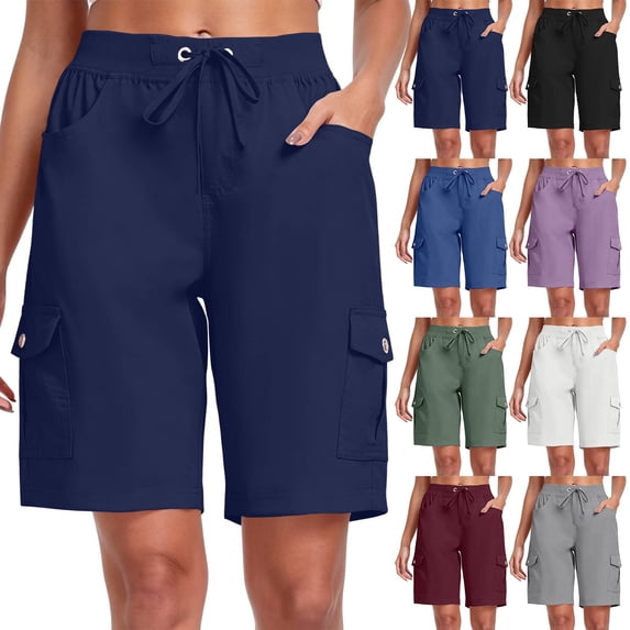 9" 10" Inseam Hiking Cargo Shorts Womens 6 Pockets Pull on Bermuda Shorts Lightweight Quick Dry Outdoor Workout Running Athletic Short Summer Travel Loose Navy 2XL