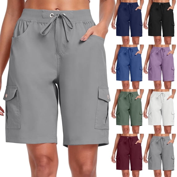 9" 10" Inseam Hiking Cargo Shorts Womens 6 Pockets Pull on Bermuda Shorts Lightweight Quick Dry Outdoor Workout Running Athletic Short Summer Travel Loose Gray S