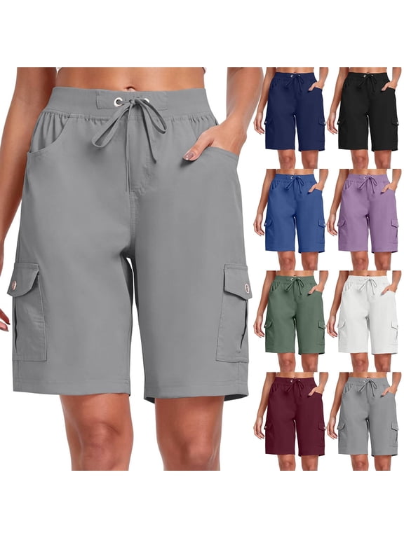 9" 10" Inseam Hiking Cargo Shorts Womens 6 Pockets Pull on Bermuda Shorts Lightweight Quick Dry Outdoor Workout Running Athletic Short Summer Travel Loose Gray XL
