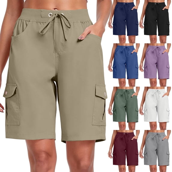 9" 10" Inseam Hiking Cargo Shorts Womens 6 Pockets Pull on Bermuda Shorts Lightweight Quick Dry Outdoor Workout Running Athletic Short Summer Travel Loose Khaki M