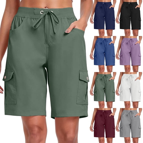 9" 10" Inseam Hiking Cargo Shorts Womens 6 Pockets Pull on Bermuda Shorts Lightweight Quick Dry Outdoor Workout Running Athletic Short Summer Travel Loose Army Green 2XL